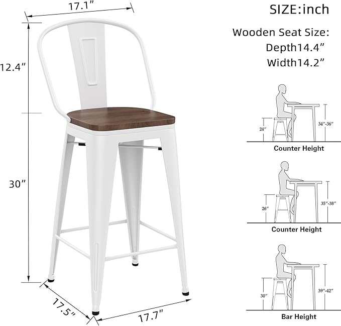 Yongqiang 30 inch Bar Stools Set of 4 Farmhouse Bar Height Stools High Back Kitchen Bar Chairs Cream White Metal Barstools with Large Wooden Seat