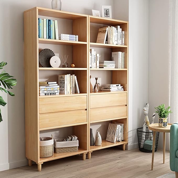IOTXY Oak Mid-Century Bookcase with Legs - 67" Tall Open Shelves Cube Billy Bookshelf with Double Drawers for Home and Office