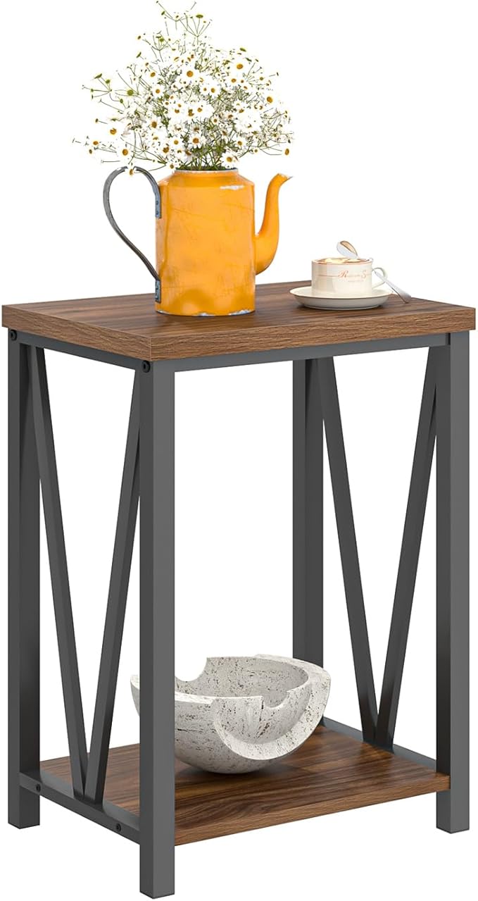 FOLUBAN Small End Table, Rustic Wood and Metal Side Table with Storage, Modern Night Stand for Living Room Bedroom Office, Walnut