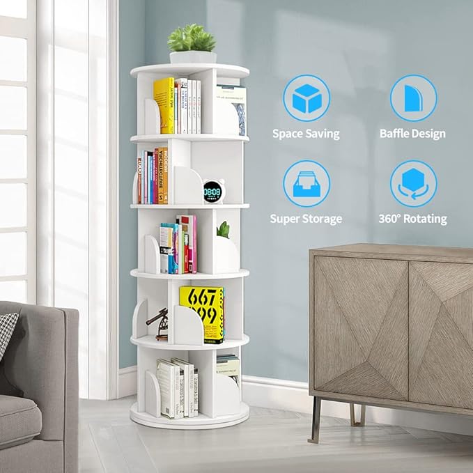 Nisorpa 5 Tier Rotating Bookshelf, 360° Revolving Bookcase Rotating Stackable Shelves Floor-Standing Storage Display Rack Used in Bedrooms Living Rooms Study Office (63"x18"x18")