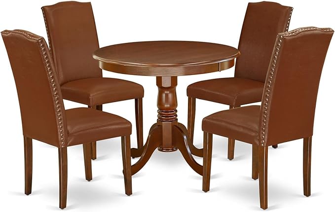 East West Furniture ANEN5-MAH-66 5 Piece Dining Set Includes a Round Dining Room Table with Pedestal and 4 Brown Faux Faux Leather Upholstered Parson Chairs, 36x36 Inch, Mahogany