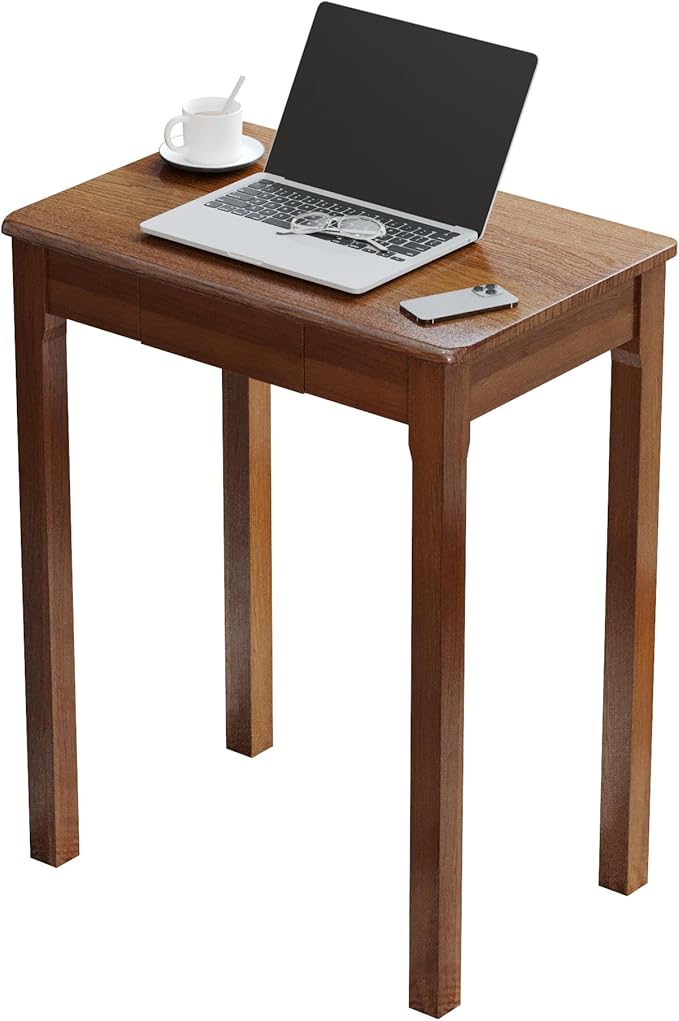 Solid Wood Desk with Drawers - 24 x 16 Inch Vintage Narrow Desks, Mid Century Modern Desks, Rubber Wood Study Table, Small Writing Desk for Bedroom|Small Spaces - Walnut Color