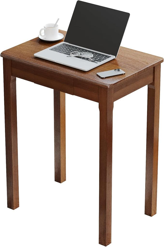 Solid Wood Desk with Drawers - 24 x 16 Inch Vintage Narrow Desks, Mid Century Modern Desks, Rubber Wood Study Table, Small Writing Desk for Bedroom|Small Spaces - Walnut Color