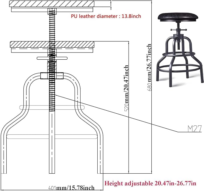 Diwhy Industrial Vintage Counter Stool, Kitchen Counter Height Adjustable Swivel Chair, Metal Frame Stool, 20.47-26.77 Inch, Fully Welded Base, Black PU Upholstered, Set of 2