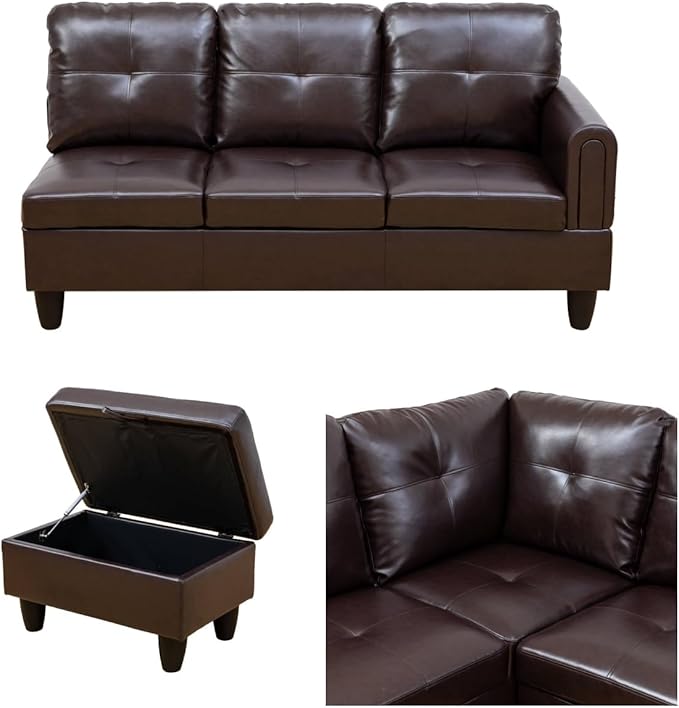 Convertible Leather Sectional Couch, Modern L Shaped Couch with Storage, Large Modular 5-Seat Sectional Sofa with Ottomans for Living Room and Office, Brown