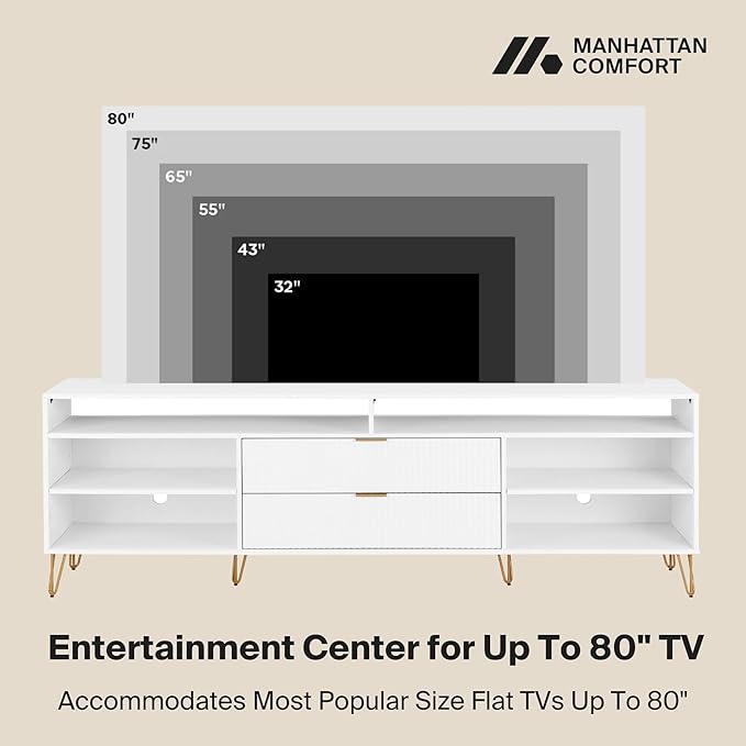 Manhattan Comfort Dumbo Mid Century Modern TV Stand for Televisions up to 80 Inches, Home Entertainment Center with Storage, 6 Shelves, 2 Drawers, No Tool Assembly, 85" Wide, White