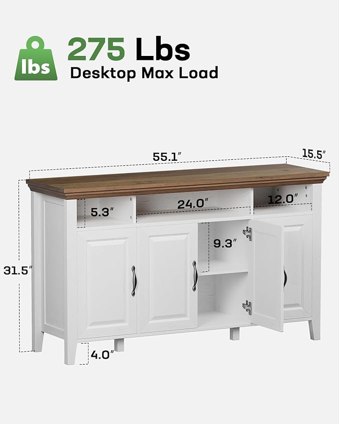 Marsail Sideboard Buffet Cabinet with Storage, 55" Farmhouse Kitchen Buffet Bar Table 4 Door Storage Cabinets for Dining Room Furniture, Wood White