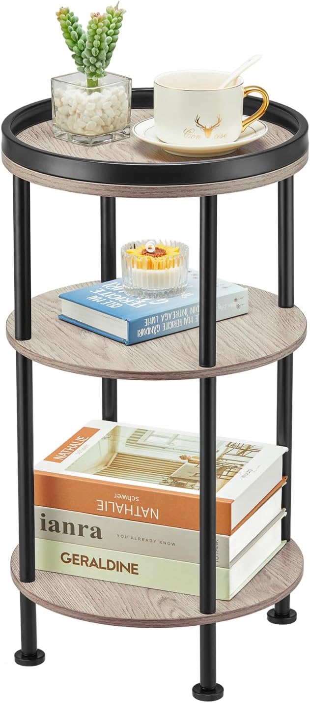 Side Table, Small Round Side Table for Small Spaces, 3-Tier Round Accent Table Slim Side Table, Modern Sofa End Table Corner Table for Living Room Nightstand Bedroom (Oak)