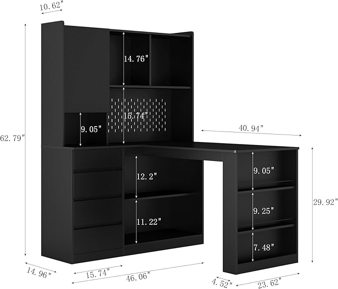 KEIKI L Shaped Home Office Desks with LED Light, Pegboard, Hutch, Drawers, Bookshelf & Storage Shelves, Modern Wooden Gaming Computer Corner Table for Work, Study, Writing