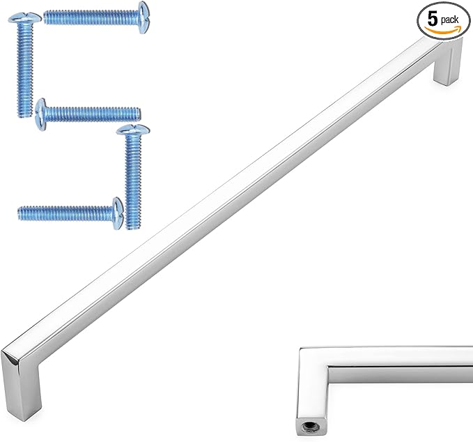 KOOFIZO Solid Square Bar Cabinet Handle - Chrome Furniture Pull, 10 Inch/256mm Screwhole Distance, Pack of 5 for Kitchen Cupboard Door, Bedroom Dresser Drawer, Bathroom Wardrobe Hardware