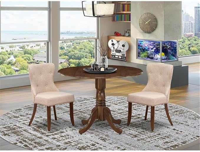 East West Furniture DLSI3-AWA-04 3 Piece Dining Set Contains a Round Kitchen Table with Dropleaf and 2 Upholstered Parson Chairs, 42x42 Inch, Antique Walnut