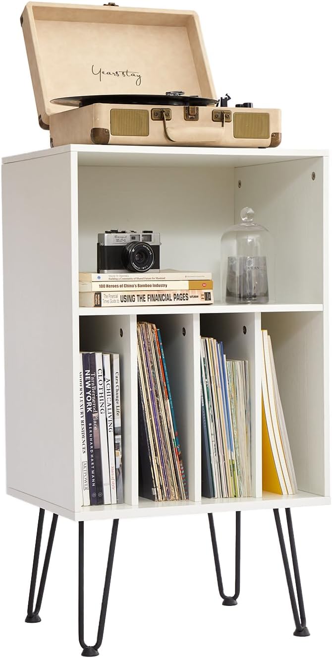 Record Player Stand with Vinyl Storage, Cabinet Holds Up to 150 Albums, End Table for Turntable, Living Room, White
