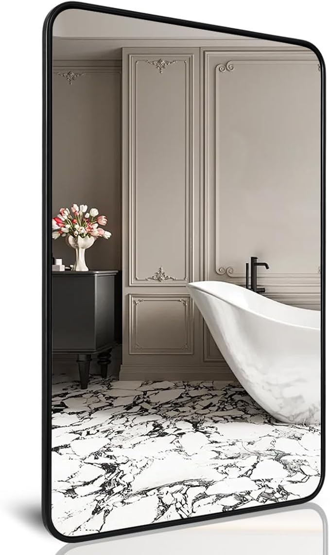 ANDY STAR Black Rectangle Mirror, 24x36 Inch Stainless Steel Metal Frame Bathroom Mirror for Over Sink, Modern Rounded Corner Black Vanity Wall Mirror, Hangs Horizontally or Vertically