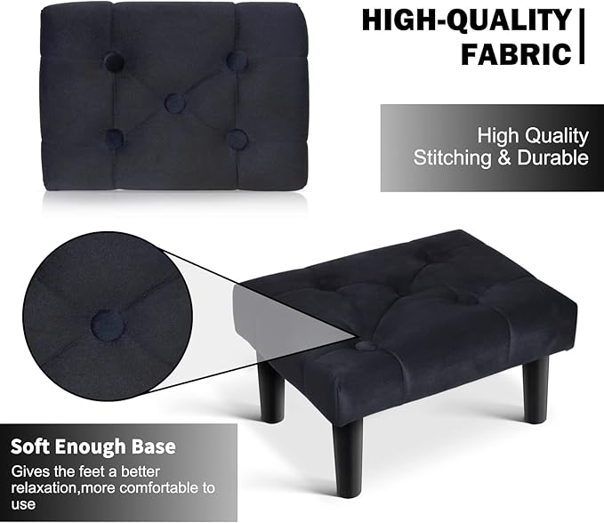 HOUCHICS Small Footstool Ottoman,Velvet Soft Footrest Ottoman with Wood Legs,Sofa Footrest Extra Seating for Living Room Entryway Office(Black 2PACK)