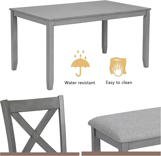 Dining Table Set, 6-Piece Kitchen Table & Chair Set with Rectangular Dining Table, 4 Upholstered X-Shaped Backrest Chairs and a Bench, Wooden Dining Table Set for 6 People, Gray