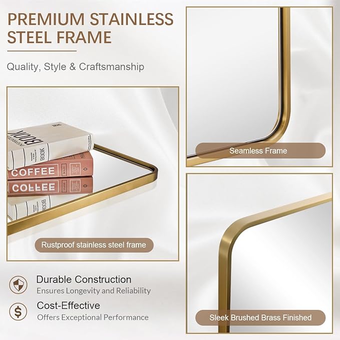 ANDY STAR 28x36 INCH Gold Mirror Bathroom, Brushed Gold Mirrors for Wall in Anti-Rust SUS304 Tube Metal Frame, Rounded Rectangle Mirrors 1’’ Deep Wall Mounted Vertically/Horizontal for Bathroom