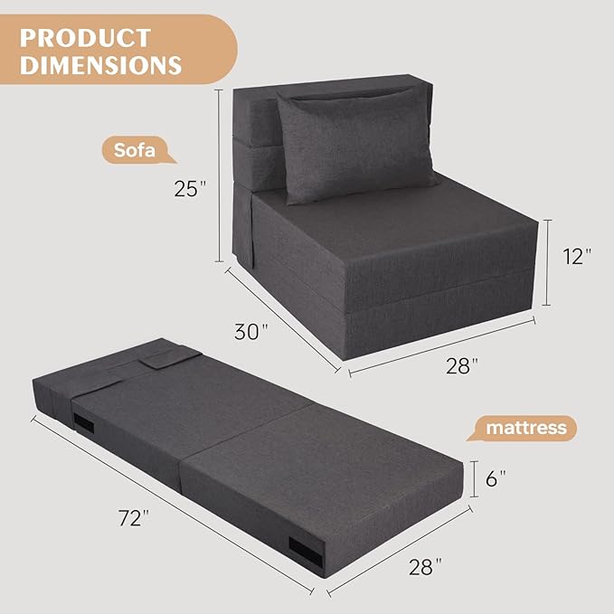 Folding Sofa Bed, Foldable Sleeper Chair with Pillow, Convertible Futon Sofa Bed with Washable Cover, Fold Out Couch for Living Room, Dorm, Guest Room, Single Size, Dark Grey