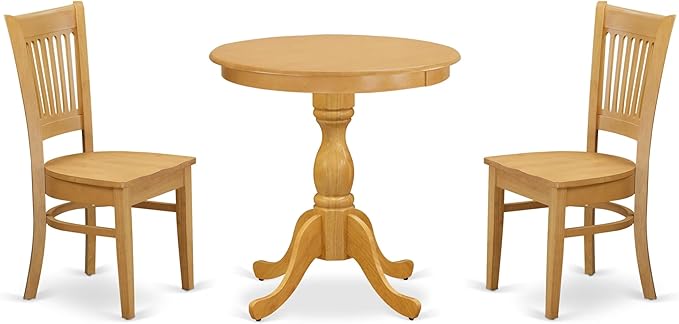 East West Furniture ESVA3-OAK-W 3 Piece Modern Dining Table Set Contains a Round Wooden Table with Pedestal and 2 Kitchen Dining Chairs, 30x30 Inch, Oak