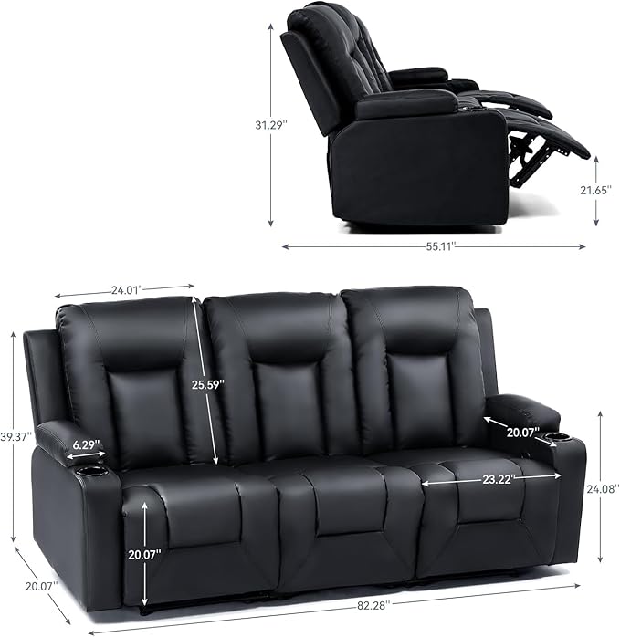 LUCKLIFE Leather Recliner Sofa Set with Manual Recliners,Living Room Furniture Set with Reclining Couch,Loveseat and Armchair,Living Room Chair with Cup Holders,Black (3+2)