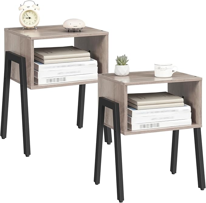 HOOBRO Nightstands Set of 2, Stackable End Table, Side Table, Bedside Tables with Open Storage Shelf, for Bedroom, Living Room, Greige and Black BG38BZP201