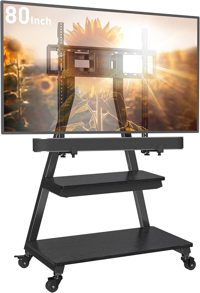 Perlegear Mobile TV Stand with Soundbar Mount, Rolling Floor TV Stand with Wheels for 43-80" TVs up to 132lbs, Mobile TV Cart with Storage Shelves, Tilt Swivel Corner TV Cart Max VESA 600x400mm