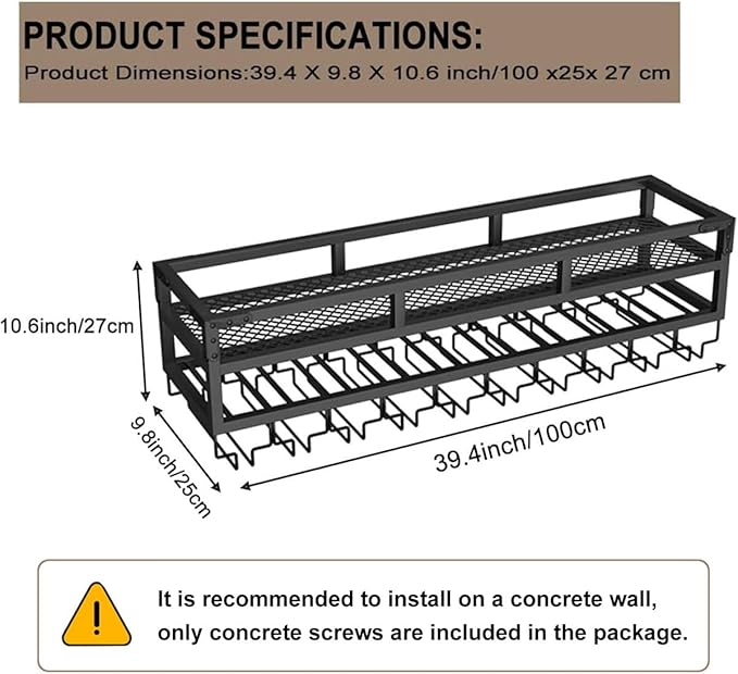 Pengfei LED Wine Rack Wall Mounted, Industrial Metal Wall Wine Shelf & Glass Holder, Large Floating Shelves Wine Bottle Storage Display Rack for Home Bar Dining Room Decor, Black