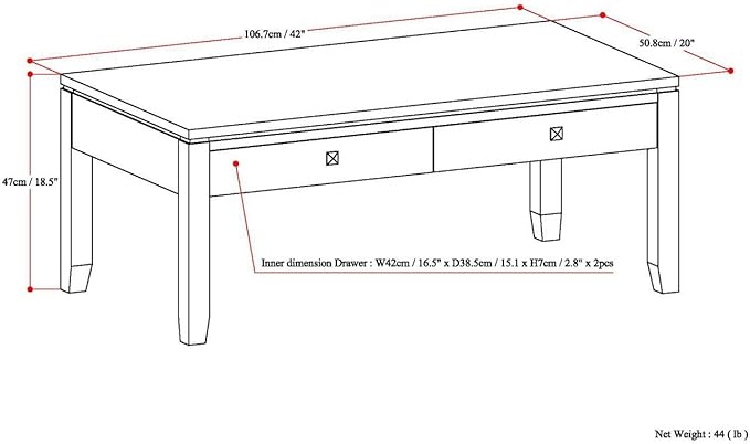 SIMPLIHOME Cosmopolitan Coffee Table - 42 inch Wide Solid Wood Contemporary Rectangle Cocktail Table in Mahogany Brown, Stylish Living Room Table with 2 Drawers and Square Brushed Nickel Knobs