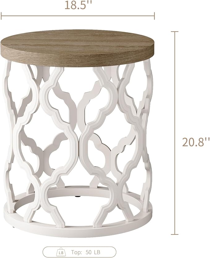 Farmhouse End Table, 18.5'' French Country Round Side Table, Wood Top Side Table with Curved Motif Frame Base for Boho, End Tables Living Room, Bedroom, Small Space, Easy Assembly