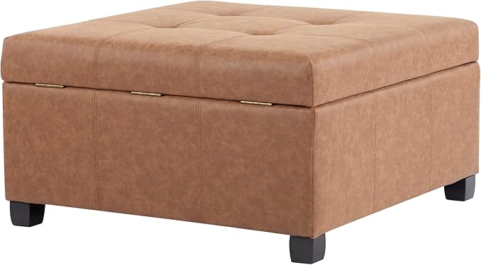 Christopher Knight Home Lorel Faux Leather Square Storage Ottoman Coffee Table, Wooden Ottoman with Storage, Entryway Modern Ottoman Foot Stool, Toy Box Storage for Living Room, Brown