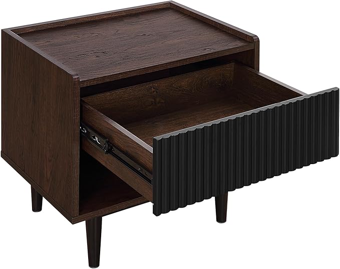 Manhattan Comfort Duane Modern Ribbed Nightstand Set of 2, Bedside Table with Full Extension Drawer and Open Shelf, Industrial Chic Living Room and Bedroom Furniture, Black
