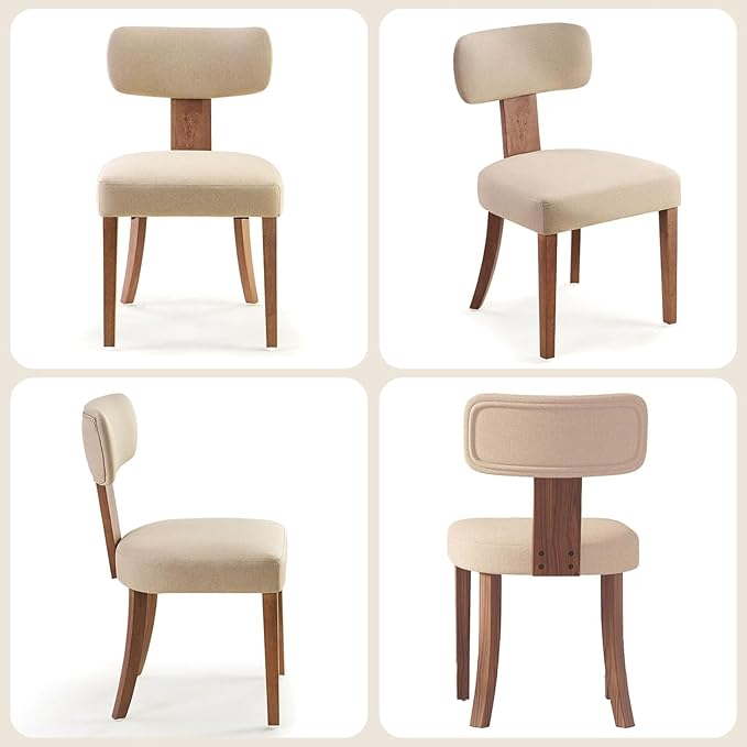 Farmhouse Chair Set of 4, Mid Century Modern Dining Chairs, Sherpa Upholstered Kitchen Chairs with Curved Backrest & Adjustable Legs for Living Room/Bedroom, Easy to Install, Beige Linen