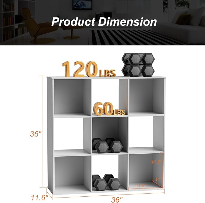 Sweetcrispy 9 Cube Storage Organizer - Open Cube Bookshelf with 5 Removable Back Panels, Display Storage Bookcase for Living Room, Bedroom, Entrance Hall, Home Office，36" L×11.6" W×36" H, White
