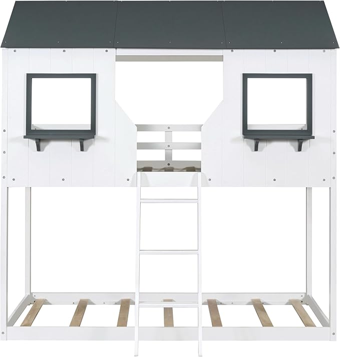 Ball & Cast Twin Over Twin Size Playhouse Bunk Bed with Roof and Window,Wood Bunkbed w/Full-Length Guard Rail & Ladder,Slat Support,Space Saving,Bedroom Furniture for Student Dorms,White