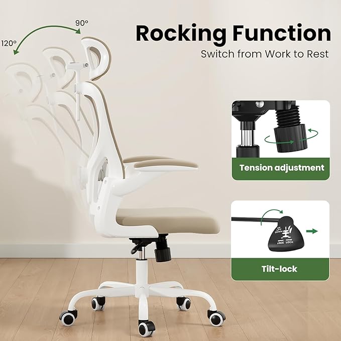 Ergonomic Office Chair, Comfy Home Office Chair High Back Computer Chair with Headrest, Adjustable Back Support, Flip-Up Arms, 90-120° Tilt and Wide Cushion, Up to 300lbs, Khaki+White