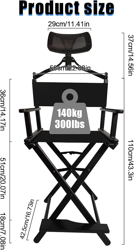 Lorvain Folable Makeup Artist Stool, Portable Tall Folding Director's Chair, Aluminum Makeup Chair with Head Rest for Studio Salon Vanity, Bar Height - Black