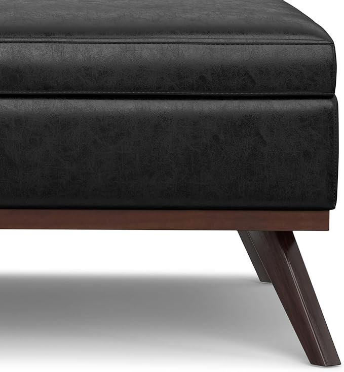 SIMPLIHOME Owen 40 inch Wide Mid Century Modern Square XL Coffee Table Storage Ottoman in Distressed Black Vegan Faux Leather, Assembled, for The Living Room, Entryway and Family Room