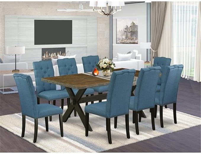 East West Furniture X677EL121-9 9 Piece Modern Dining Table Set Includes a Rectangle Wooden Table with X-Legs and 8 Blue Linen Fabric Parson Dining Room Chairs, 40x72 Inch, Multi-Color