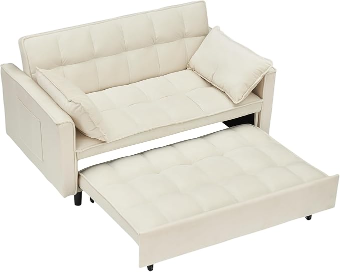 Ball & Cast Convertible Sofa Bed,Loveseat Sleeper Sofa W/Pull-Out Bed&2 Pillows,Convertible Pull Out Couch W/Adjustable Backrest&Side Pocket,Velvet Futon Couches for Living Room,Apartment,Beige,55"