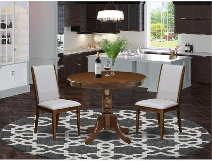 East West Furniture ANLA3-AWA-05 3 Piece Dining Set Includes a Round Kitchen Table with Pedestal and 2 Parson Chairs, 36x36 Inch, Antique Walnut