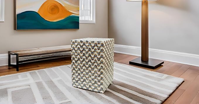PEMAR Mother of Pearl Square Drum End Table Nacre Lacquer Side Bedside Accent Table and Vanity Stool for Living Room Bedroom (Geometric Cube)
