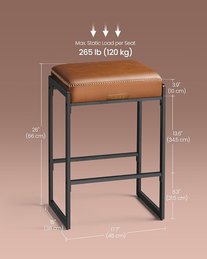 VASAGLE EKHO Collection - Bar Stools Set of 4, Counter Height Bar Stools, Synthetic Leather with Stitching, Mid-Century Modern Counter Stools, 26-Inch Tall, Kichen Home Bar Dining Room, Caramel Brown