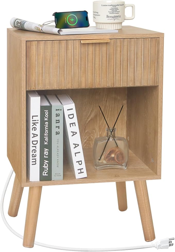 Wood Nightstand with Charging Station, Bedside Table with Fluted Drawers and Outlet, Boho Night Stand for Bedroom, Living Room, Office (Rustic Walnut)