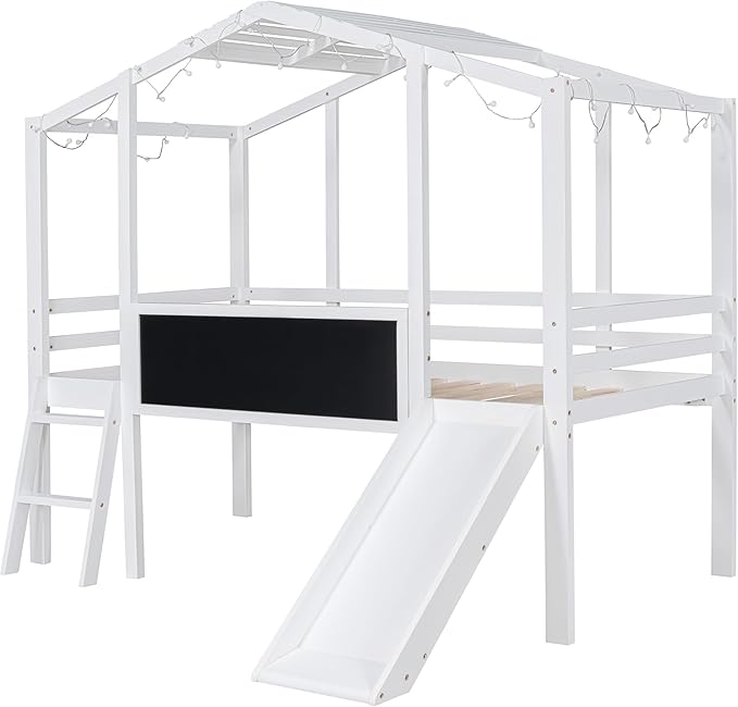 Ball & Cast Twin Size House Loft Bed with Ladder and Slide,Wood Bunkbed w/Blackboard and Light Strip on The Roof,Slat Support,Space Saving,Bedroom Furniture for Student Dorms,White