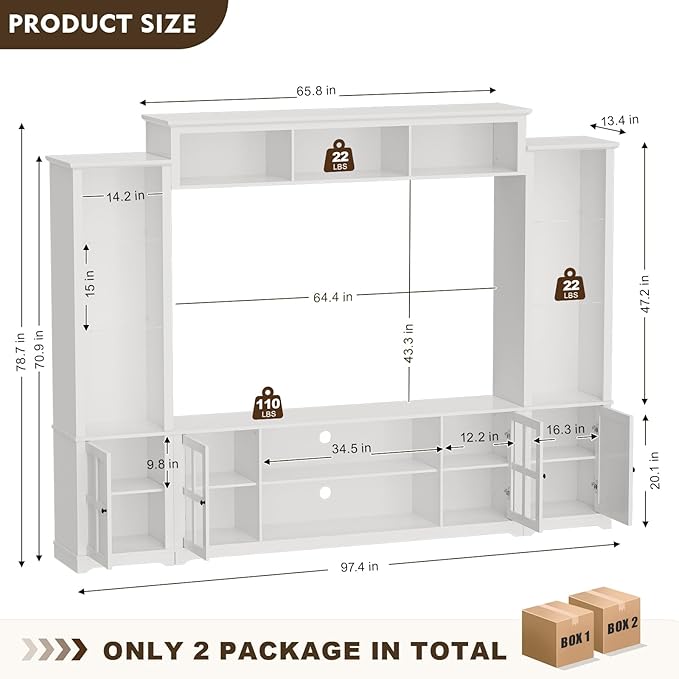 Wall Unit TV Stand with Storage & LED Lights, Large Entertainment Center with Bookshelves for TVs up to 75", Media Console for Living Room, White