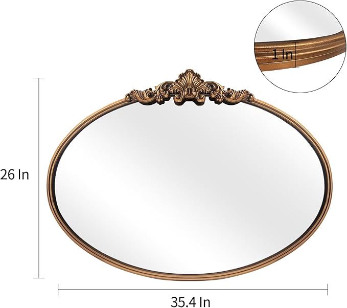 WAMIRRO Oval Mirror,Gold Traditional Vintage Ornate Baroque Mirrors,Antique Brass Mirrors for Entryway/Fireplace/Living Room/Hallway/Bathroom.36“X24“Gold