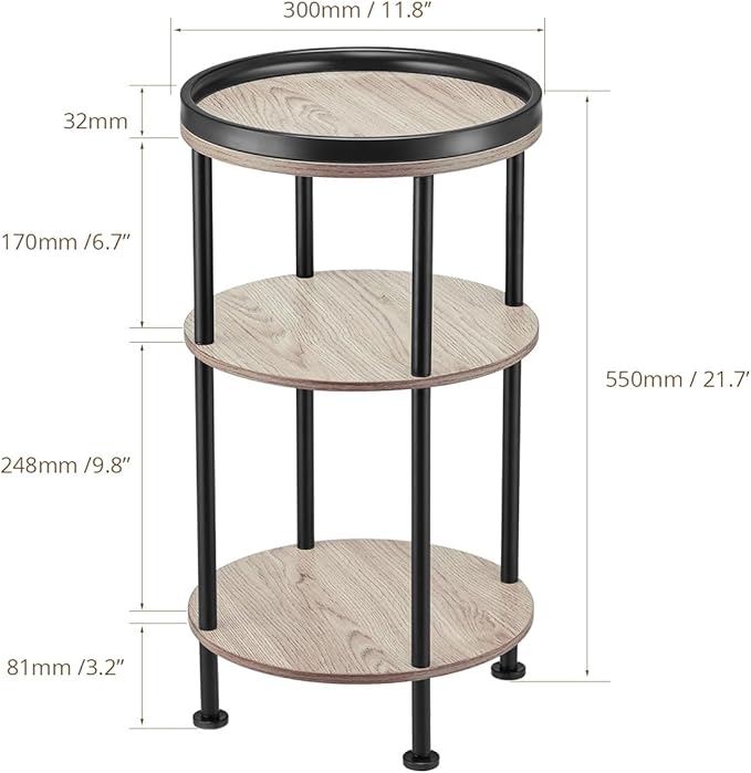 Side Table, Small Round Side Table for Small Spaces, 3-Tier Round Accent Table Slim Side Table, Modern Sofa End Table Corner Table for Living Room Nightstand Bedroom (Oak)