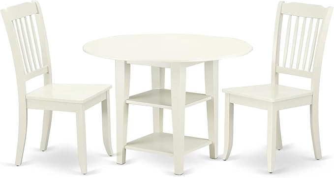 East West Furniture SUDA3-LWH-W 3 Piece Dining Room Table Set Contains a Round Dining Table with Dropleaf & Shelves and 2 Wood Seat Chairs, 42x42 Inch, Linen White