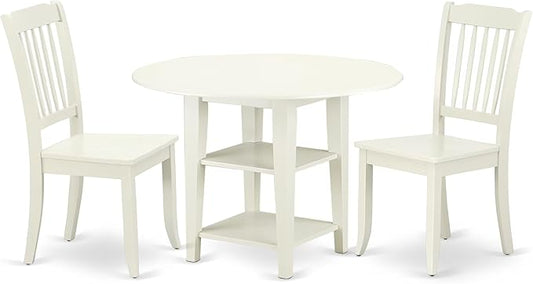 East West Furniture SUDA3-LWH-W 3 Piece Dining Room Table Set Contains a Round Dining Table with Dropleaf & Shelves and 2 Wood Seat Chairs, 42x42 Inch, Linen White