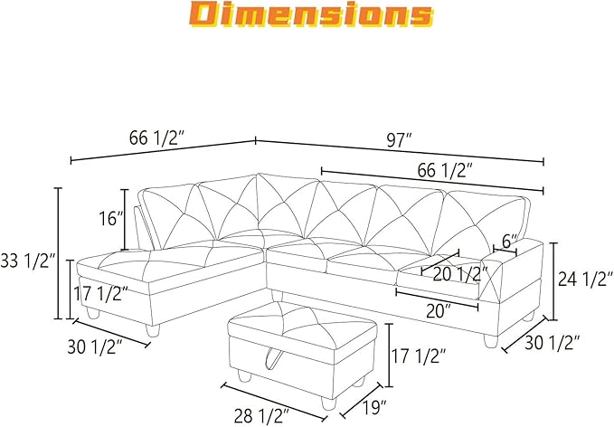 L Shaped Sectional Couch with Otttoman, 97" Sectional Sofa for Living Room Flannel Modular Couches with Cup Holders for Bedroom, Apartments, Dark Grey