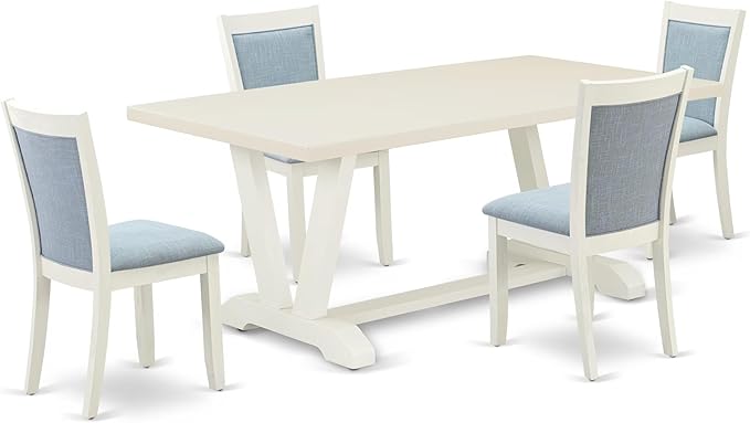 East West Furniture V027MZ015-5 5 Piece Kitchen Table & Chairs Set Includes a Rectangle Dining Table with V-Legs and 4 Baby Blue Linen Fabric Parson Chairs, 40x72 Inch, Multi-Color